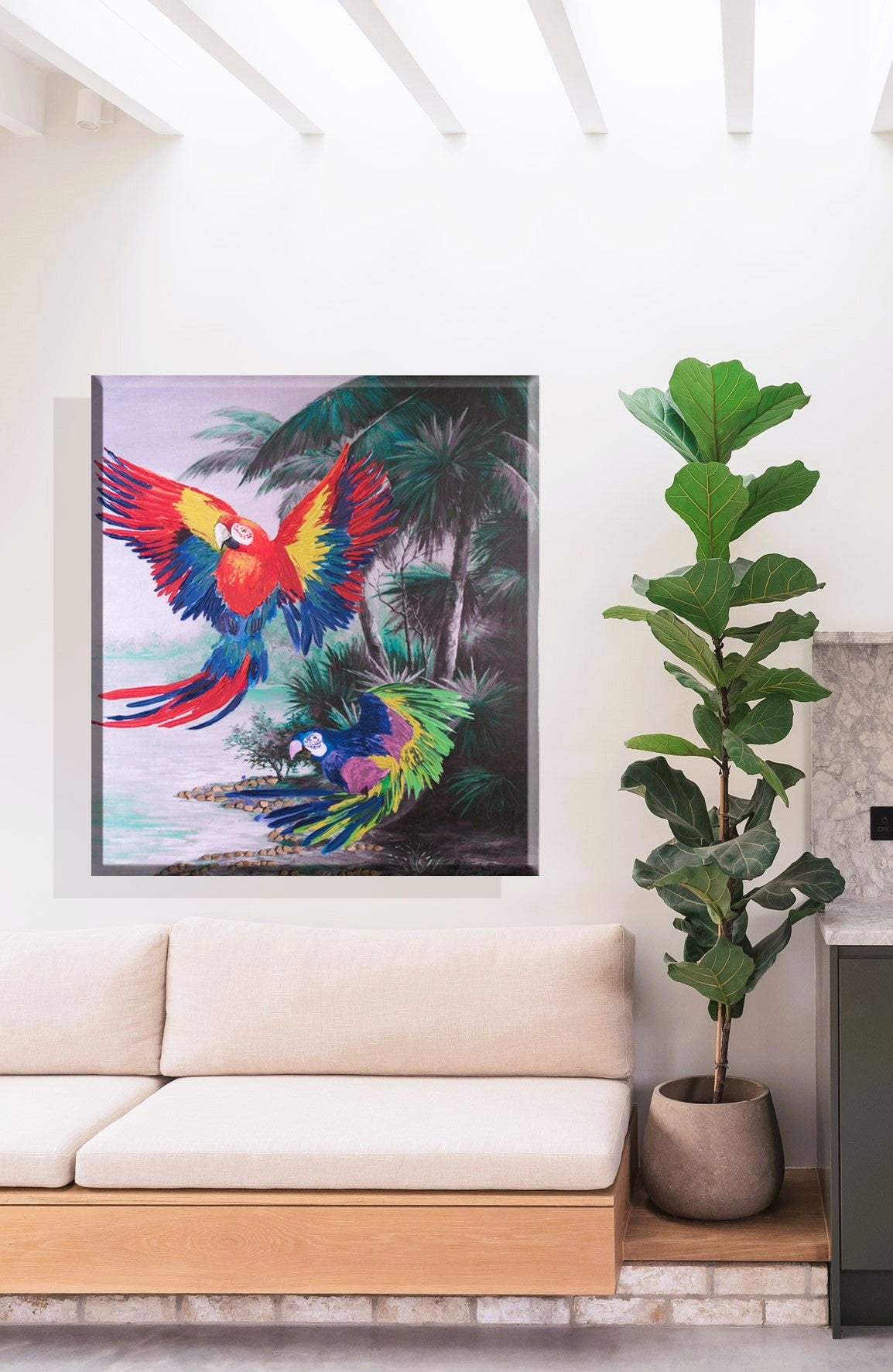 Renkli Papağan Figürlü Soyut 90x120 Cm Yağlıboya Dokulu Tablo