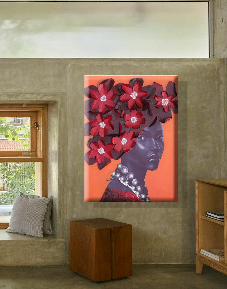 Turuncu Fon Üzerinde Kırmızı Çiçekli Kadın Soyut 90x120 Cm Yağlıboya Dokulu Tablo