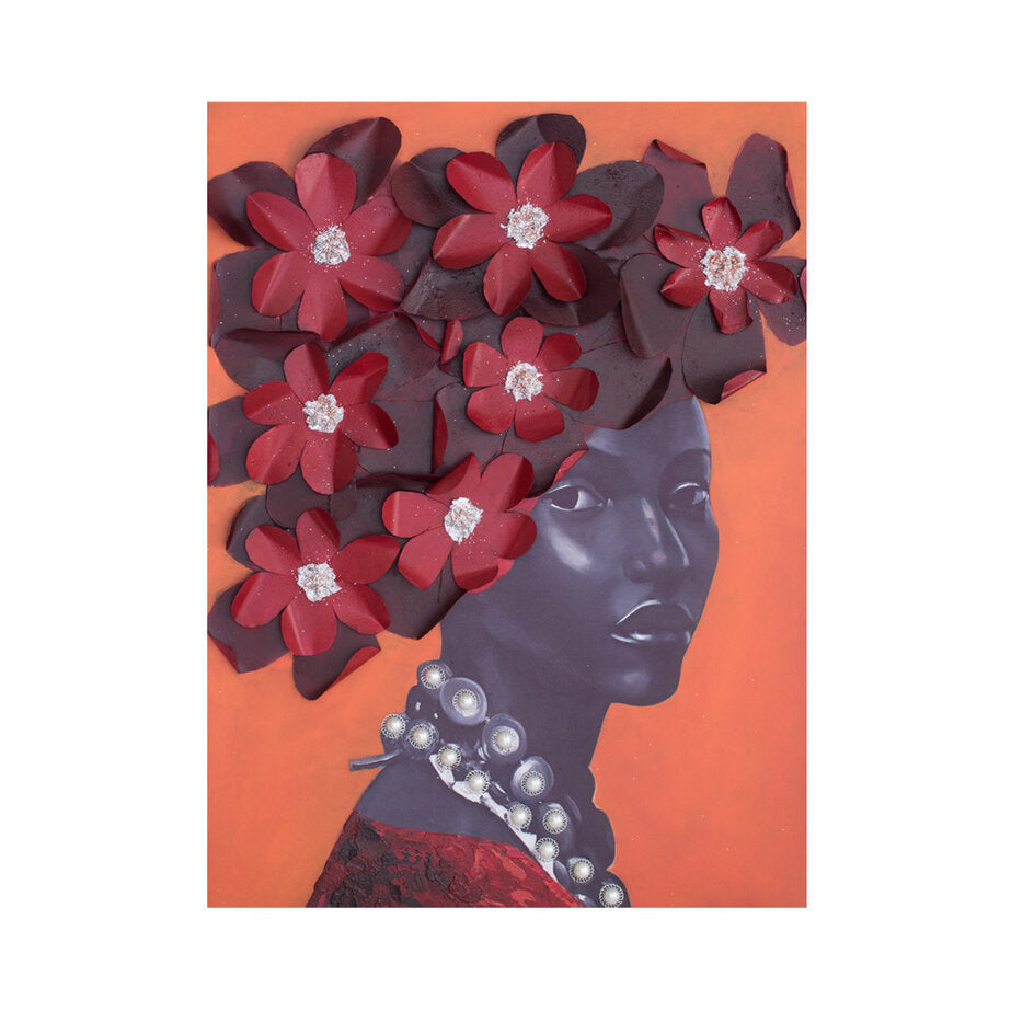 Turuncu Fon Üzerinde Kırmızı Çiçekli Kadın Soyut 90x120 Cm Yağlıboya Dokulu Tablo