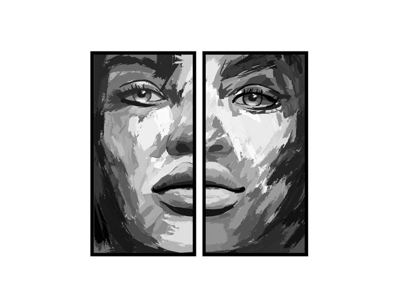 Siyah Beyaz Kadın Yüzü 2'li 148x148 Cm Siyah Çerçeveli Tablo