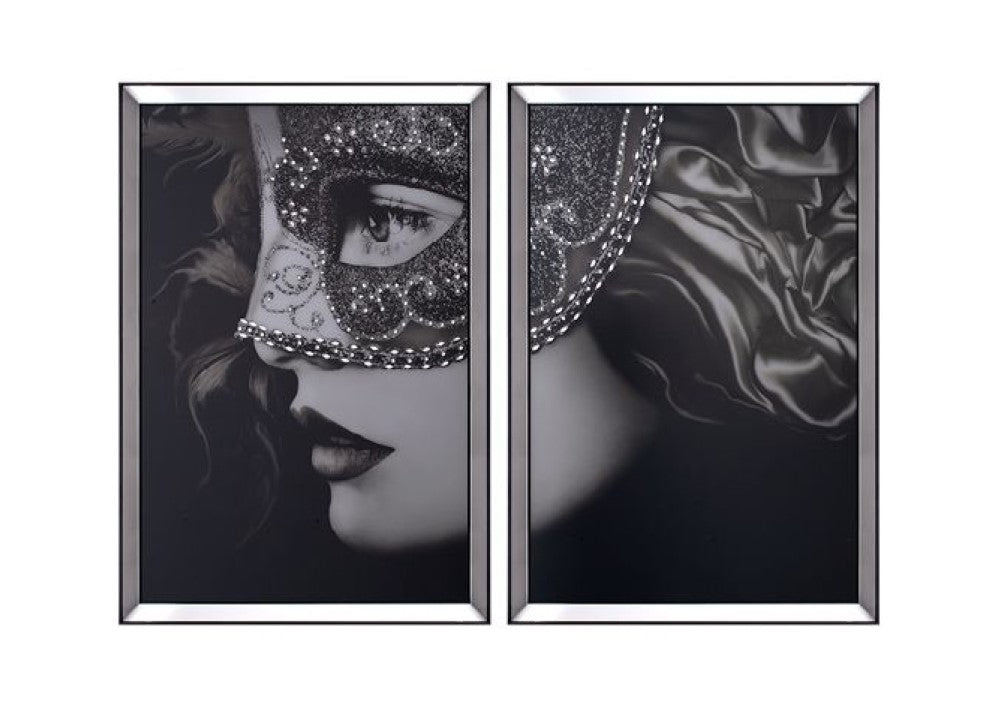 Siyah Beyaz Maskeli Kadın Profili 2'li 95x130 Cm Ayna Çerçeveli Tablo