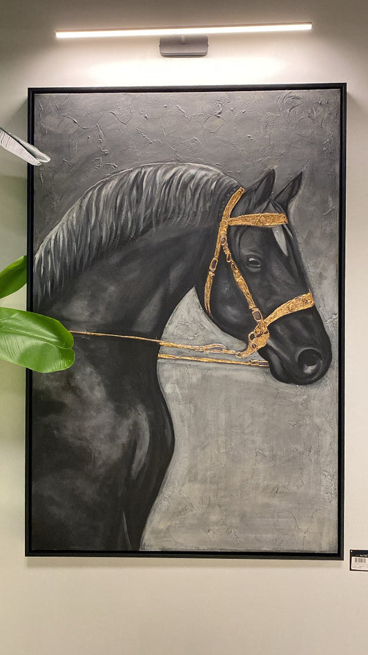 103x153 Cm Gold Detaylı At Yan Profil Tablo