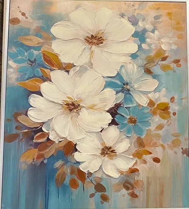 Mavi Fon Üzeri Beyaz Çiçekler Dokulu Yağlı Boya Tablo