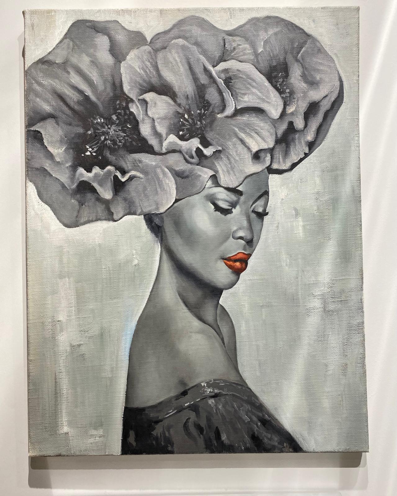 Siyah Beyaz Çiçekli Kadın Soyut 75x100 Cm Yağlı Boya İmzalı Tablo