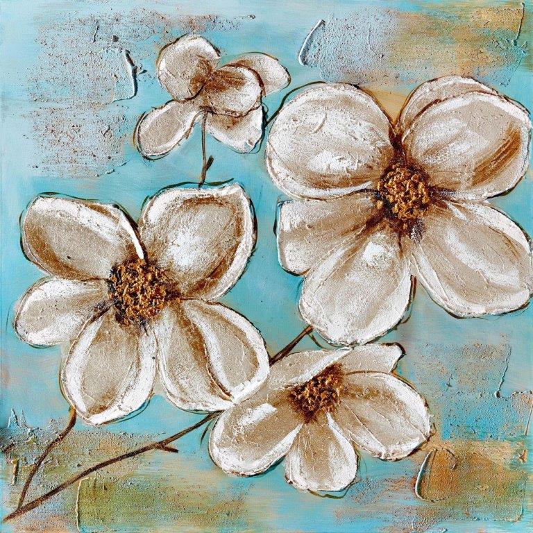 Mavi Arka Fon Üzerinde Beyaz Çiçekler Yağlı Boya Tablo