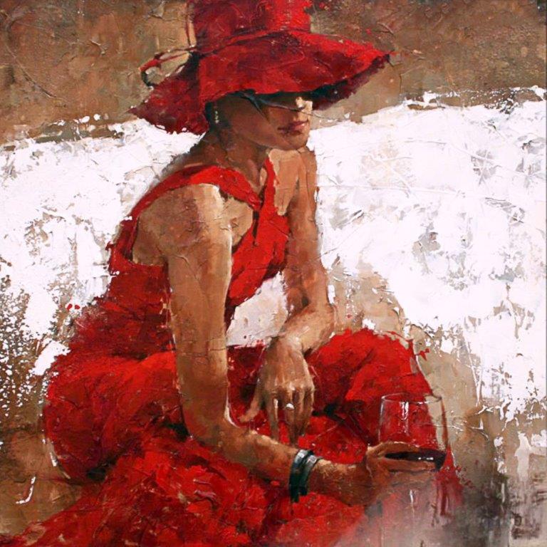 Kırmızı Şapkalı ve Şarap Bardaklı Kadın Yağlı Boya Tablo