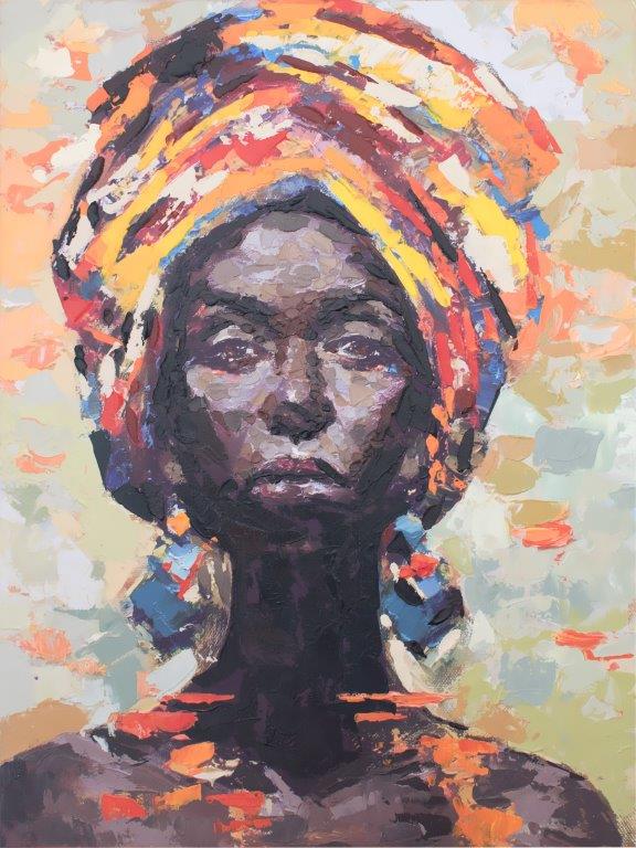 Renkli Şallı Kadın Portre Soyut Yağlı Boya Tablosu