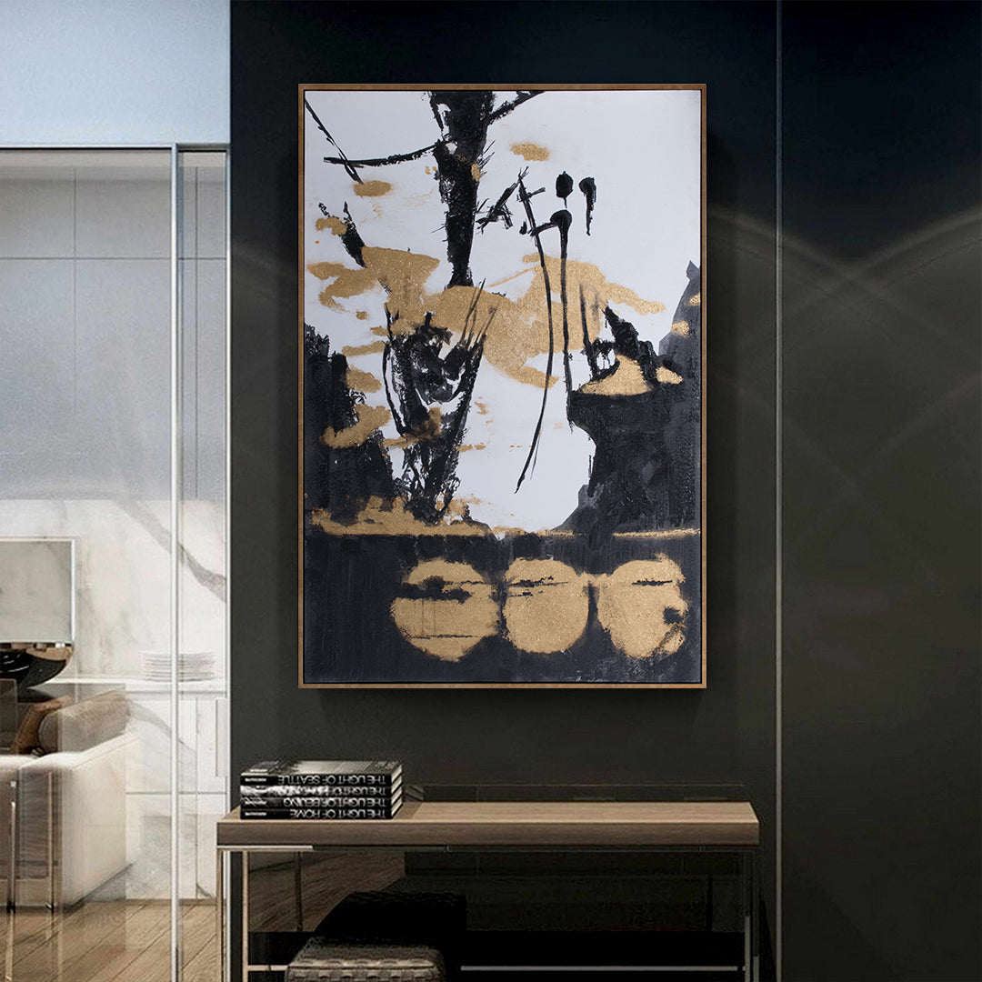 Sürrealist Siyah Beyaz Gold Tablo 100x150cm